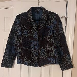 Vintage Portrait Women's Patterned Collared Jacket - Blue & Black